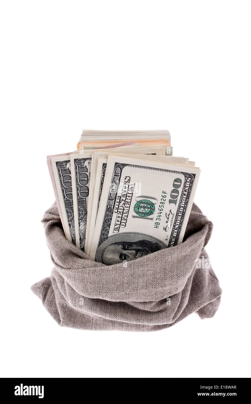 Viele Dollar Geldscheine in einem sacco Foto Stock
