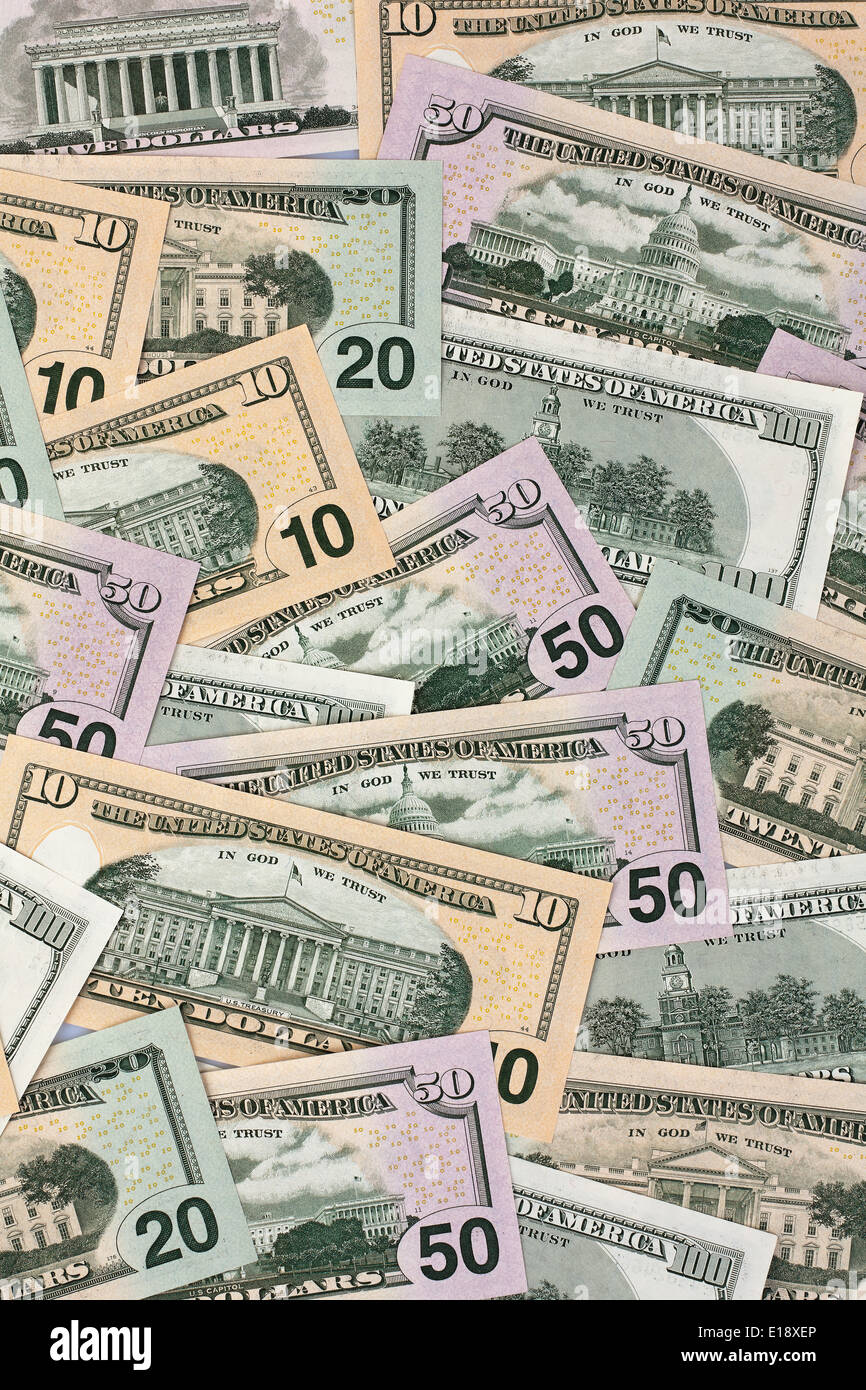 Dollaro Amerikanische Geldscheine aus den USA. Der Rueckseite Geldscheine Foto Stock