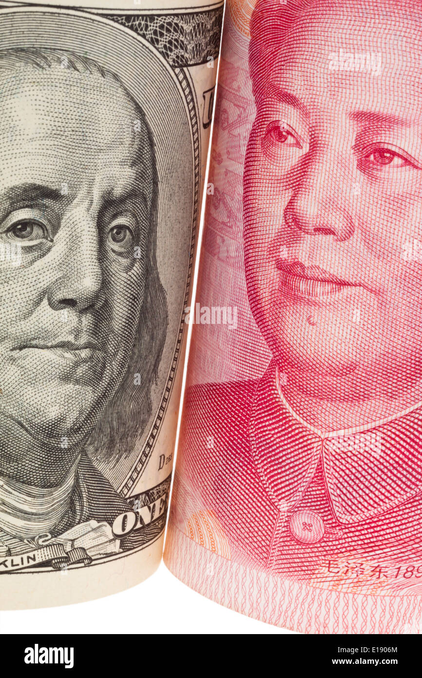 Chinesische W‰hrung Yuan und amerkinaische Dollar Geldscheine Foto Stock