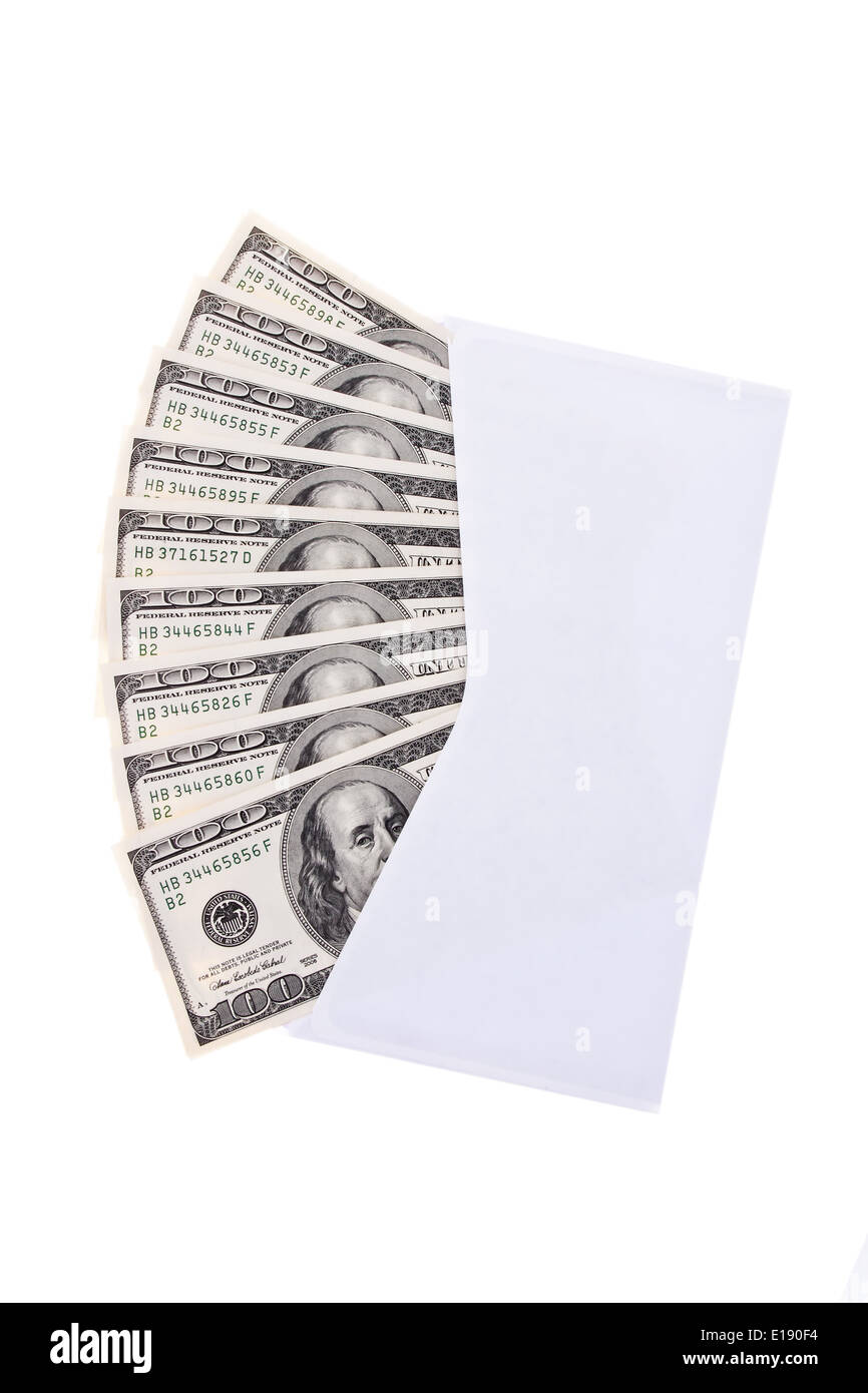 Viele Dollar Geldscheine in einem Briefumschlag Foto Stock