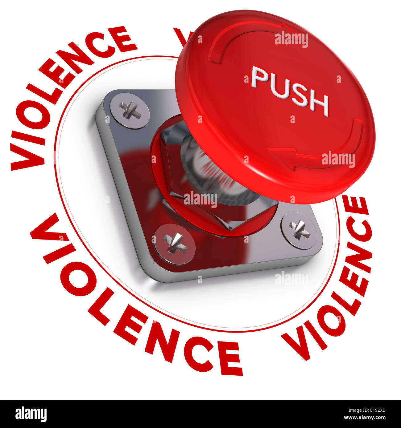Pulsante di arresto di emergenza wit la parola violenza intorno a esso su sfondo bianco. illustrazione concettuale di violenze domestiche. Foto Stock