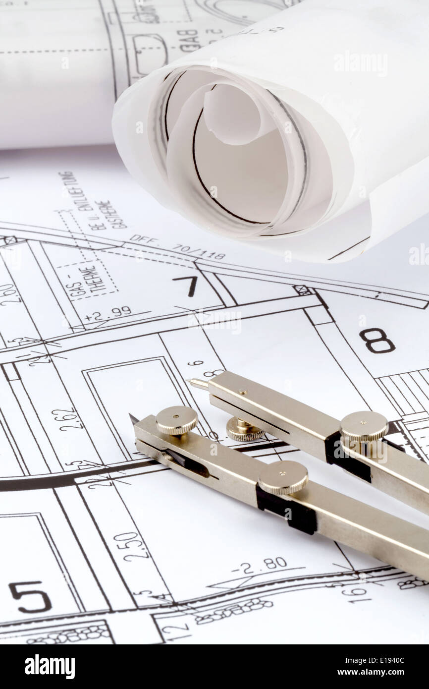 Bauplan f'r ein Haus. Mit Zirkel und Lineal Foto Stock
