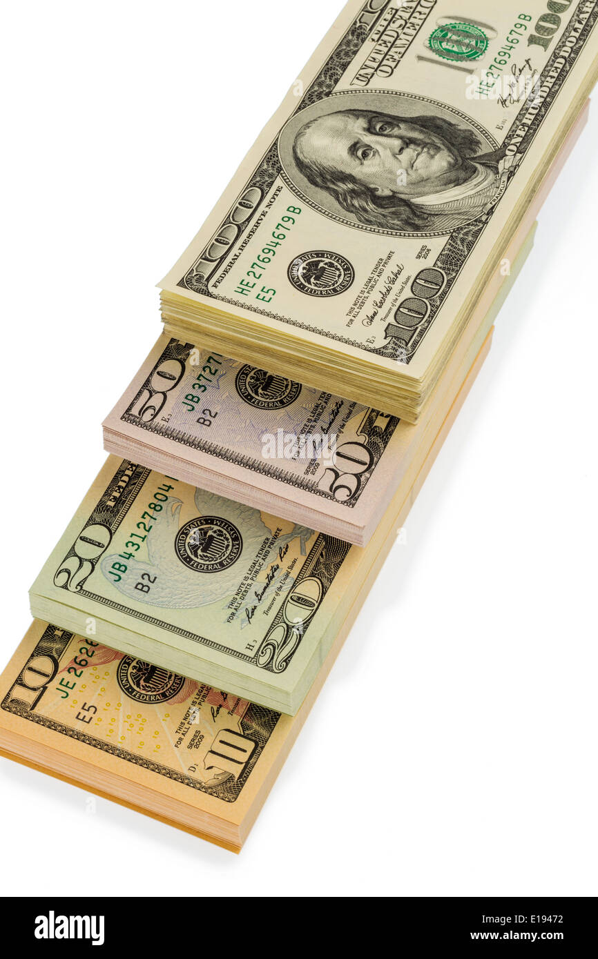 Viele amerikanische Dollar Geldscheine. Symbolfoto f'r Schulden und Reichtum Foto Stock