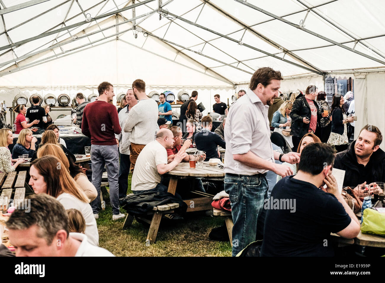 Gente che si diverte a cerchio del festival della birra in Essex. Foto Stock