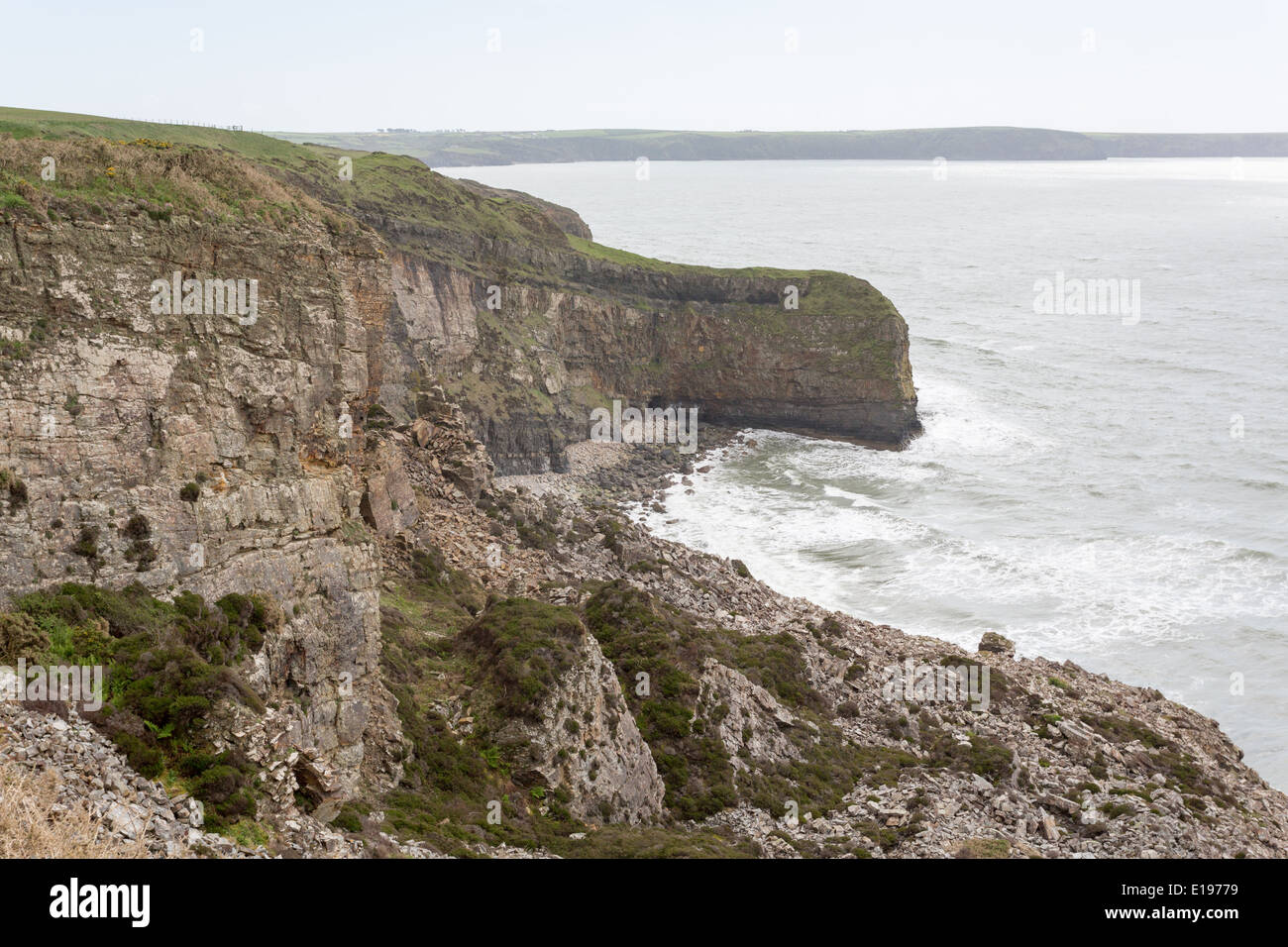 Cliff erosione su sentiero costiero tra Broadhaven e Druidston, Pembrokeshire,Galles. Foto Stock