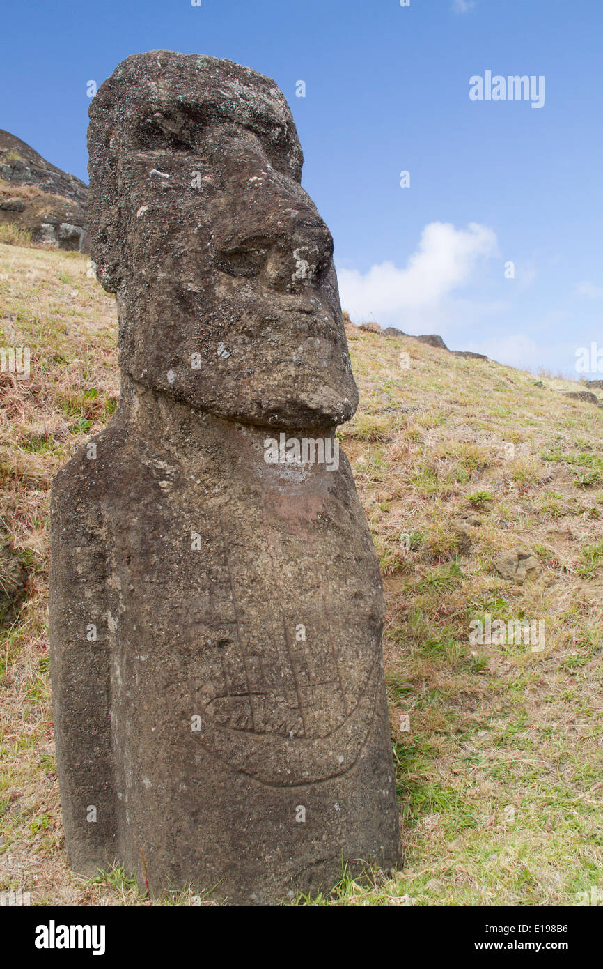 Moai o statua chiamata Ko Kona egli Roa scolpito dal tufo vulcanico rock alla cava sul versante di Rano Raraku Foto Stock