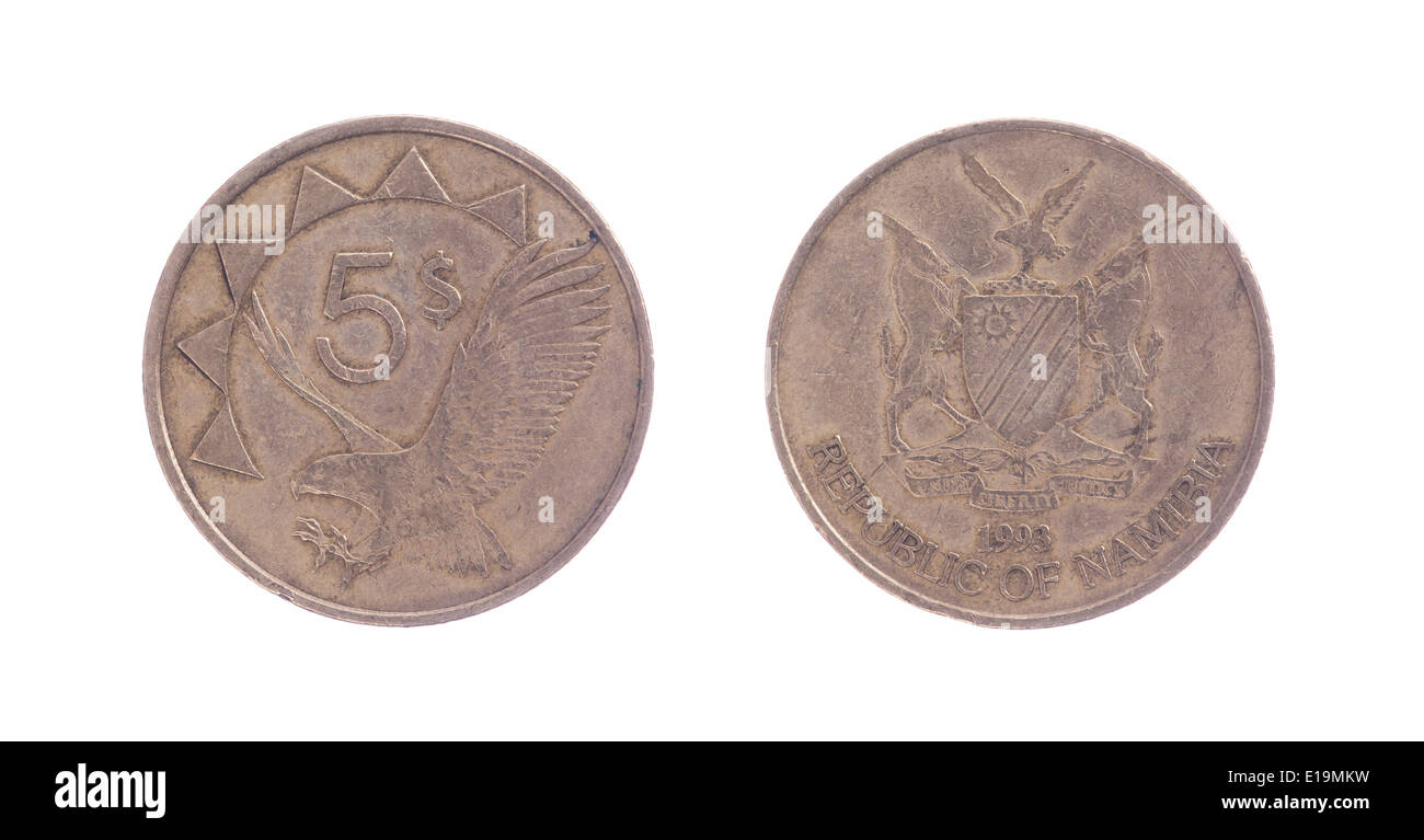 Vecchio cinque monete del dollaro, moneta della Namibia, isolato su bianco Foto Stock