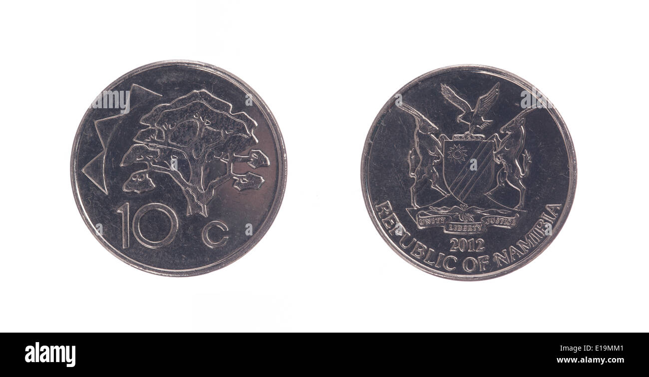 Vecchio 10 dollarcent moneta, moneta della Namibia, isolato su bianco Foto Stock