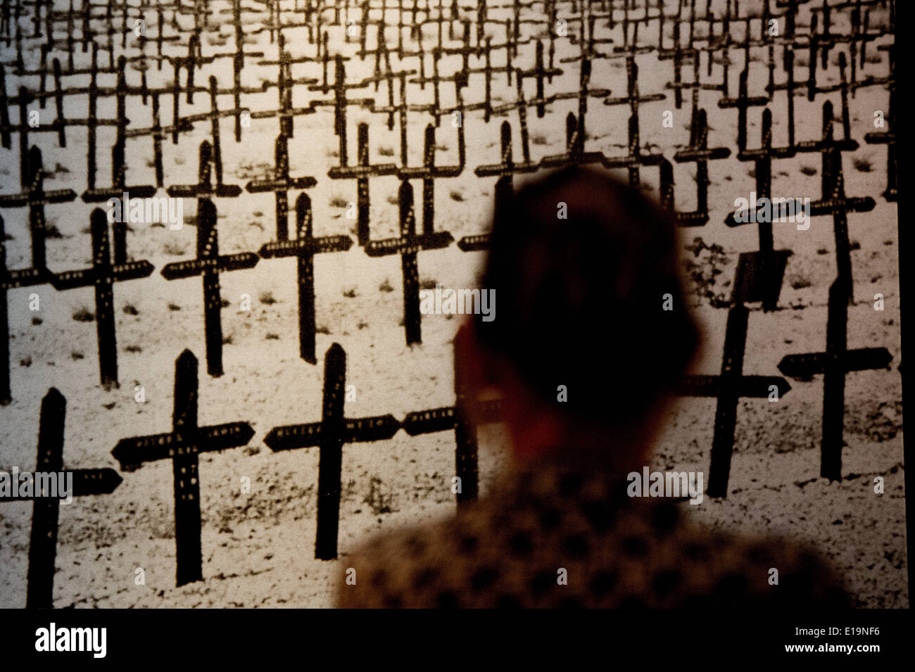 Berlino, Germania. 27 Maggio, 2014. Un visitatore sta in piedi di fronte ad una foto di un cimitero militare di la mostra '1914?1918. La Prima Guerra Mondiale" alla 'Deutsches Historisches Museum' (lit. Museo Storico Tedesco a Berlino, Germania, 27 maggio 2014. Foto: Maurizio Gambarini/dpa/Alamy Live News Foto Stock