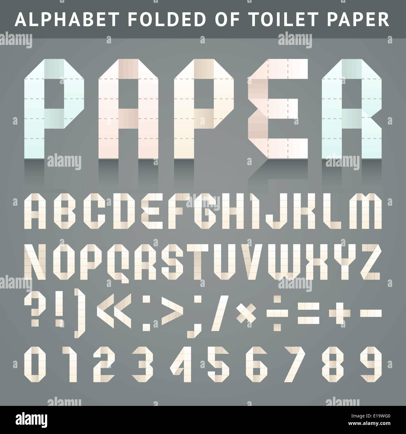 Lettere piegate forata di carta igienica - alfabeto romano e numeri arabi Illustrazione Vettoriale