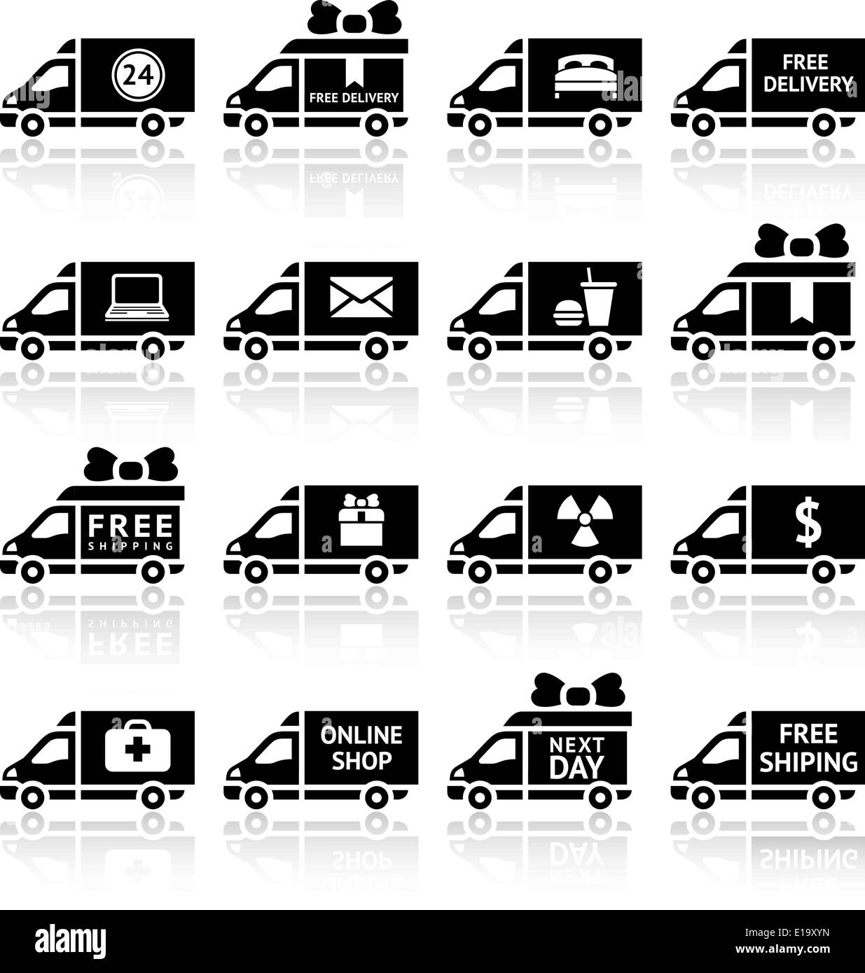 Serie di carrelli di carico icone nere Illustrazione Vettoriale