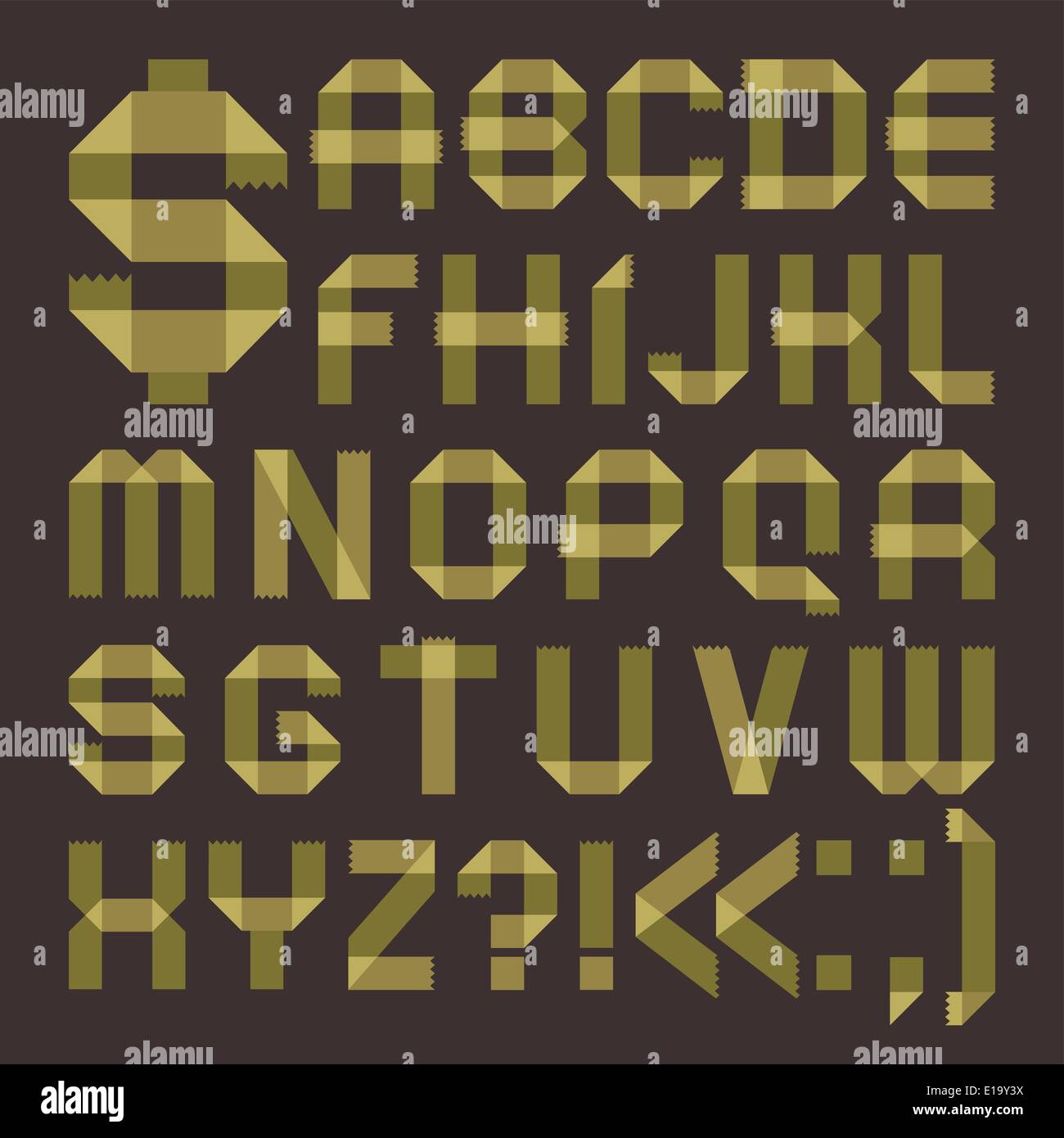 Font da verdognolo scotch tape - alfabeto romano (A,B,C,D, E, F, G, H, I, J, K, L, M, N, O, P, Q, R, S, T, U, V, W, X, Y, Z). Illustrazione Vettoriale