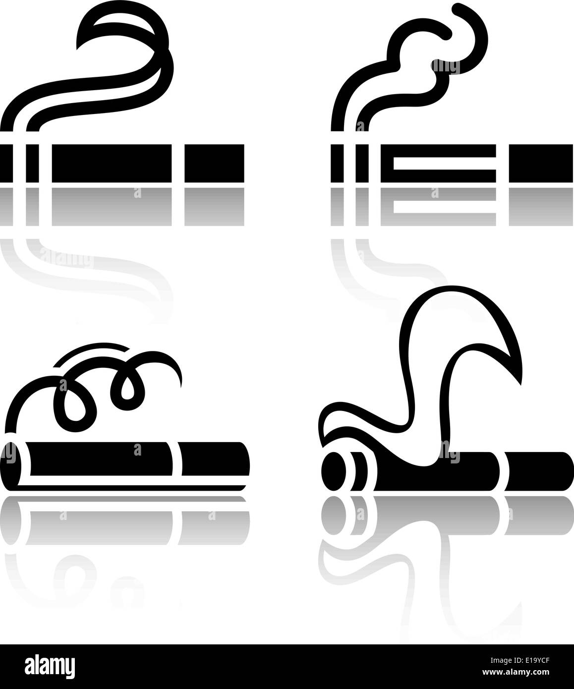 Il set di simboli nero sigarette. Sagome di illustrazioni vettoriali isolati su sfondo bianco, con riflessione. Illustrazione Vettoriale
