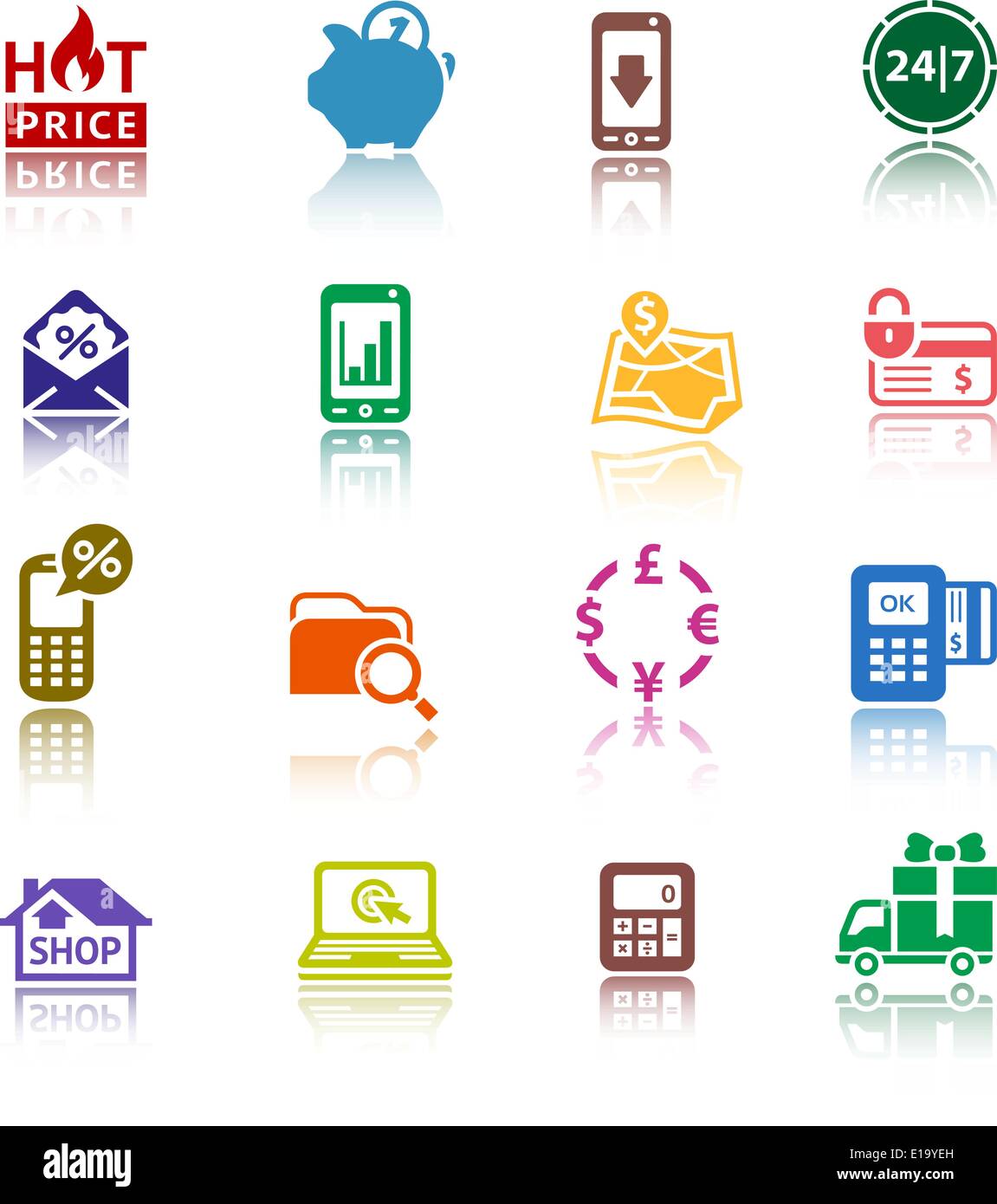 Pittogrammi di set di icone per lo shopping. Colore con riflessione, illustrazione vettoriale Illustrazione Vettoriale