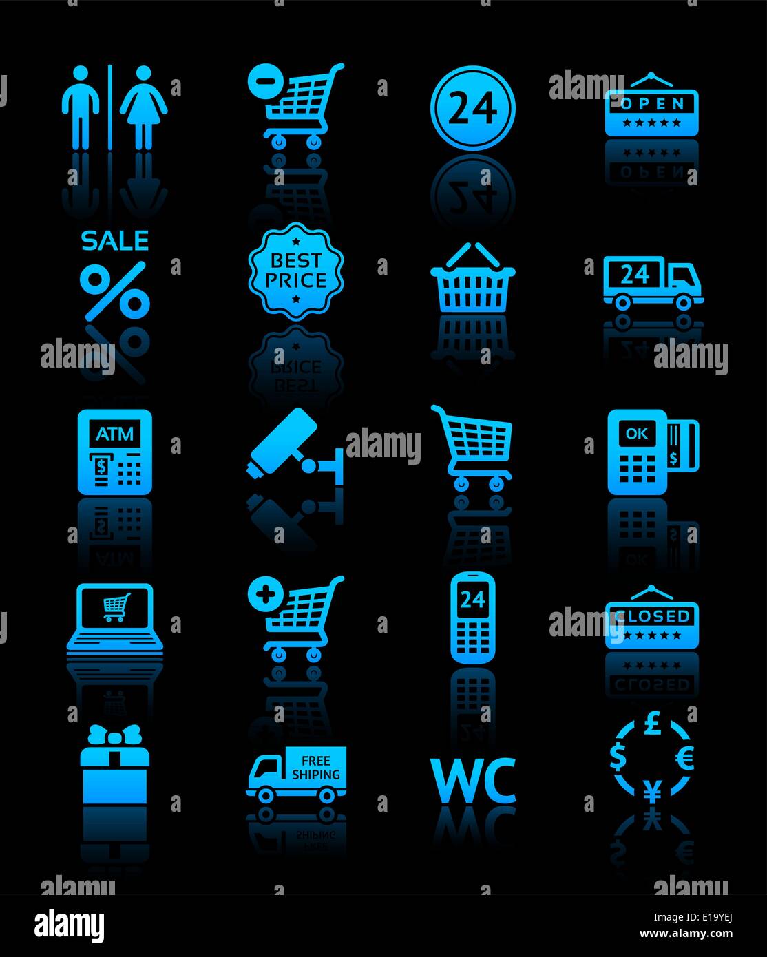 Impostare pittogrammi supermercato servizi, shopping icone blu Illustrazione Vettoriale