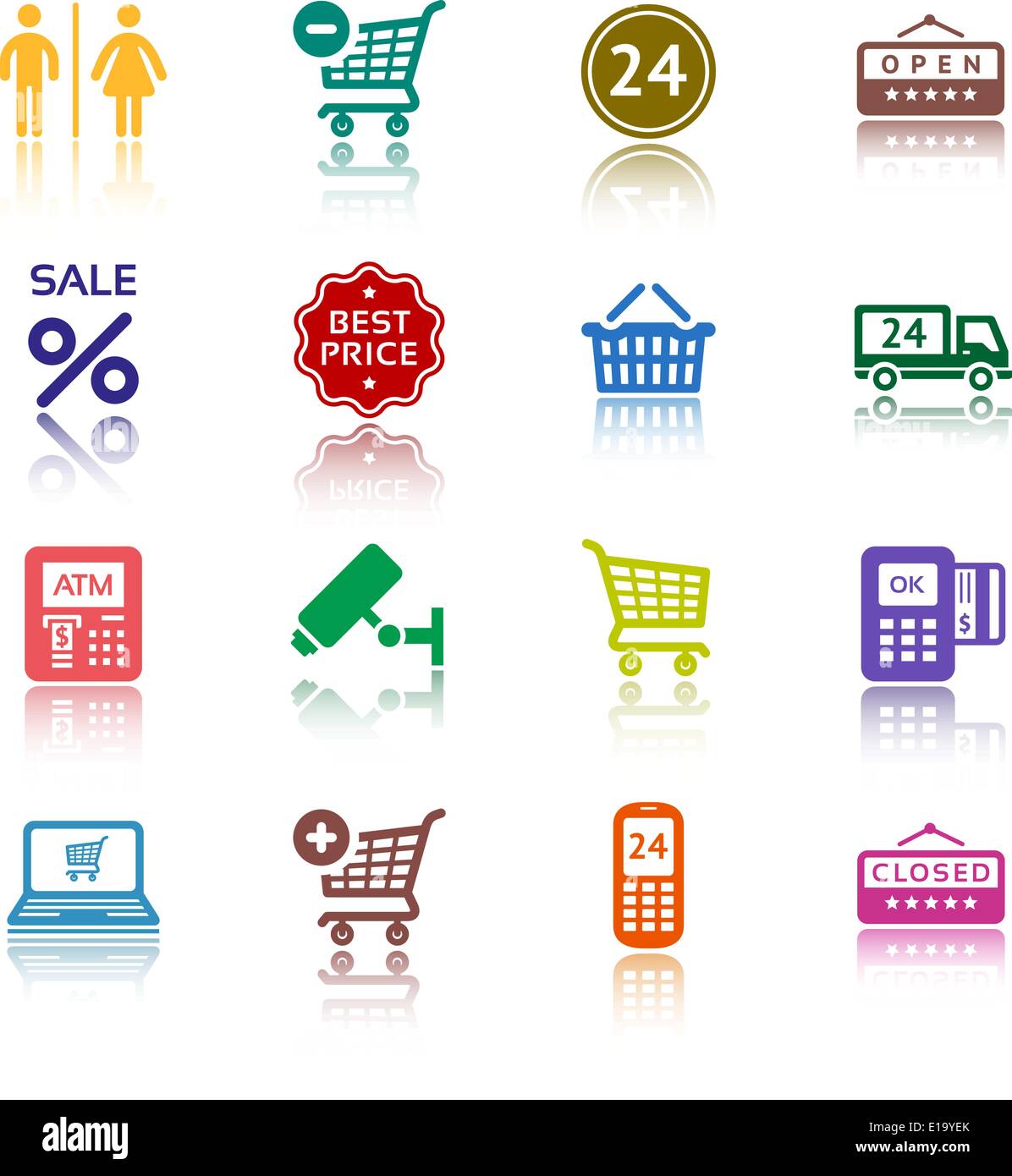 Impostare pittogrammi supermercato servizi, Shopping le icone a colori Illustrazione Vettoriale