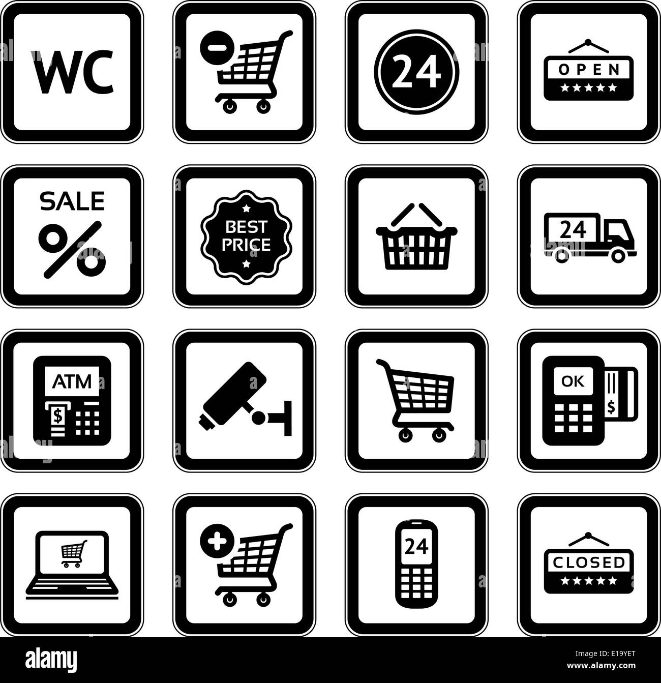 Impostare pittogrammi supermercato servizi, Shopping icone. Nero Illustrazione Vettoriale