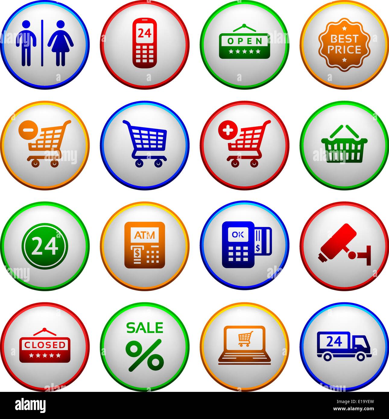 Impostare pittogrammi supermercato servizi, Shopping icone. Colorato pulsanti rotondi Illustrazione Vettoriale
