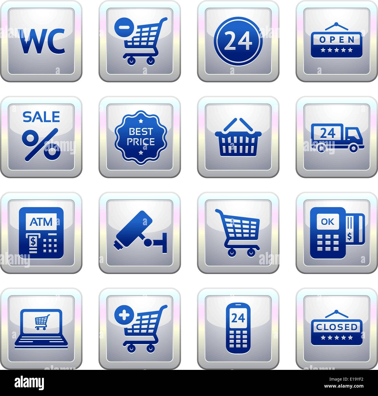 Impostare pittogrammi supermercato servizi, Shopping simboli. Blu. Web 2.0 icone Illustrazione Vettoriale