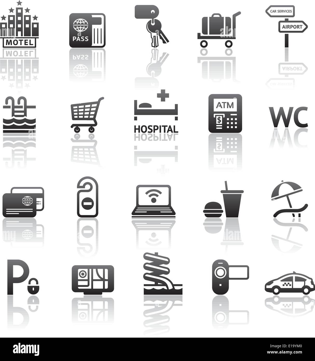 Set di icone motel servizi. Pittogrammi servizi dell'hotel. La riflessione di grigio Illustrazione Vettoriale