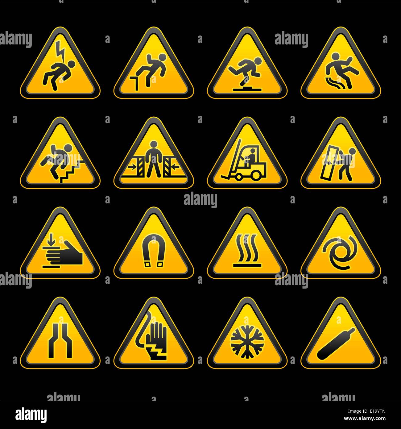 Impostare semplici triangolare simboli di avvertimento cartelli di pericolo, vettore Illustrazione Vettoriale