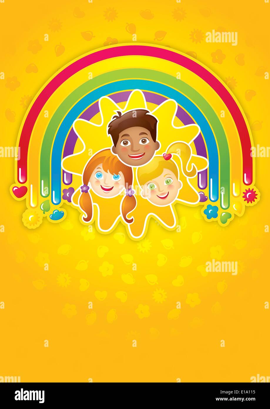 Tre bambini felici in un arcobaleno e il sole - modello, vettore Illustrazione Vettoriale