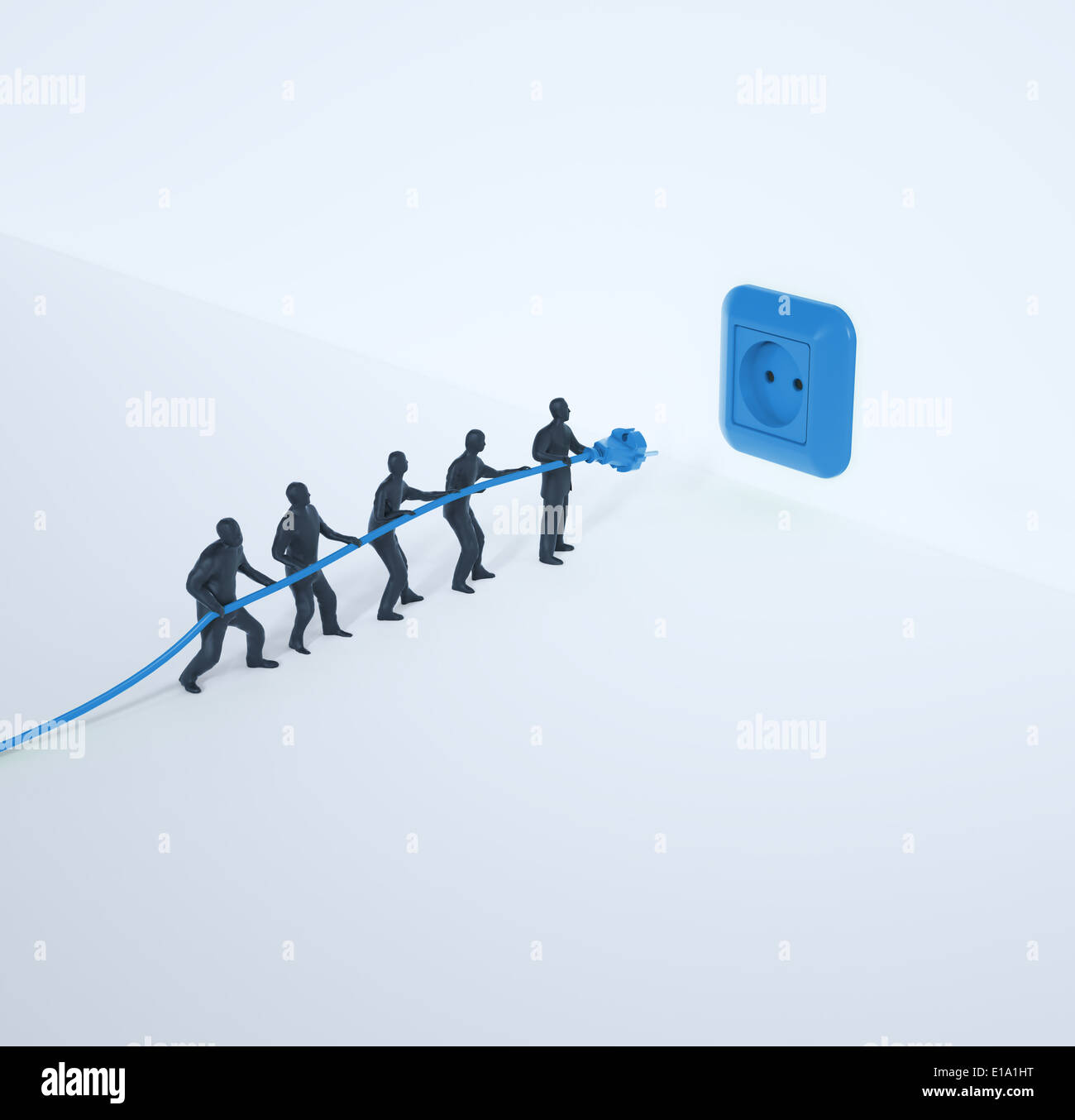 Piccolo popolo cercando di collegare un cavo di alimentazione - team concetto di lavoro Foto Stock