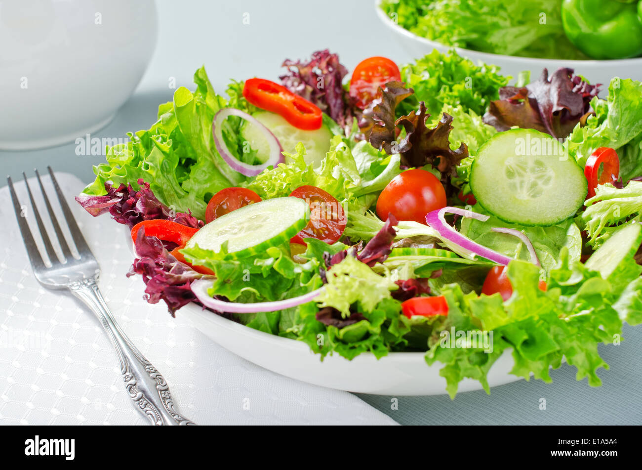 Insalata mista con lattuga, cetriolo, pomodoro, pepperm rosso e cipolla rossa. Foto Stock