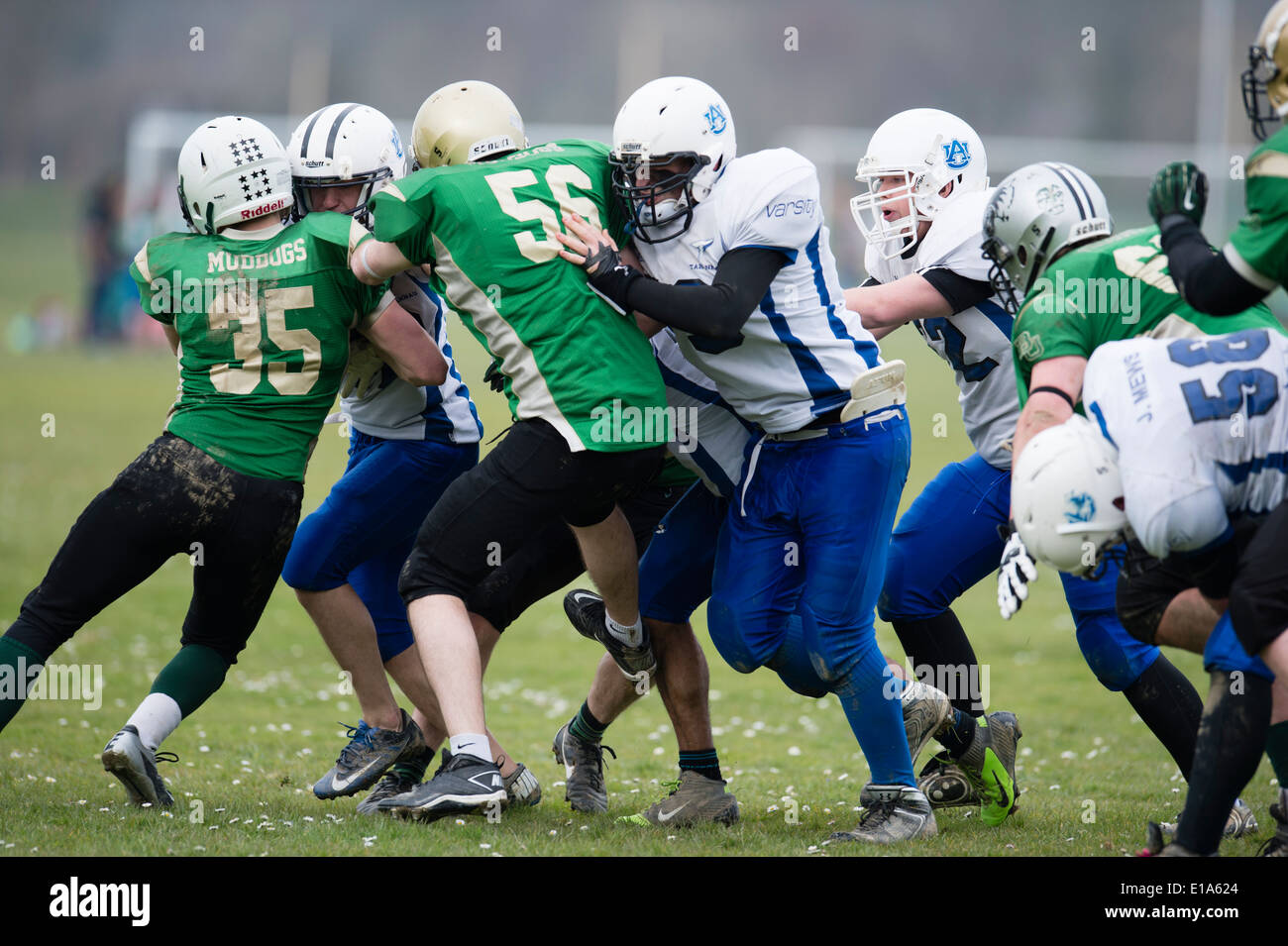 Tarannau, Aberystwyth University american football team (in bianco) giocando una partita del campionato Wales UK Foto Stock
