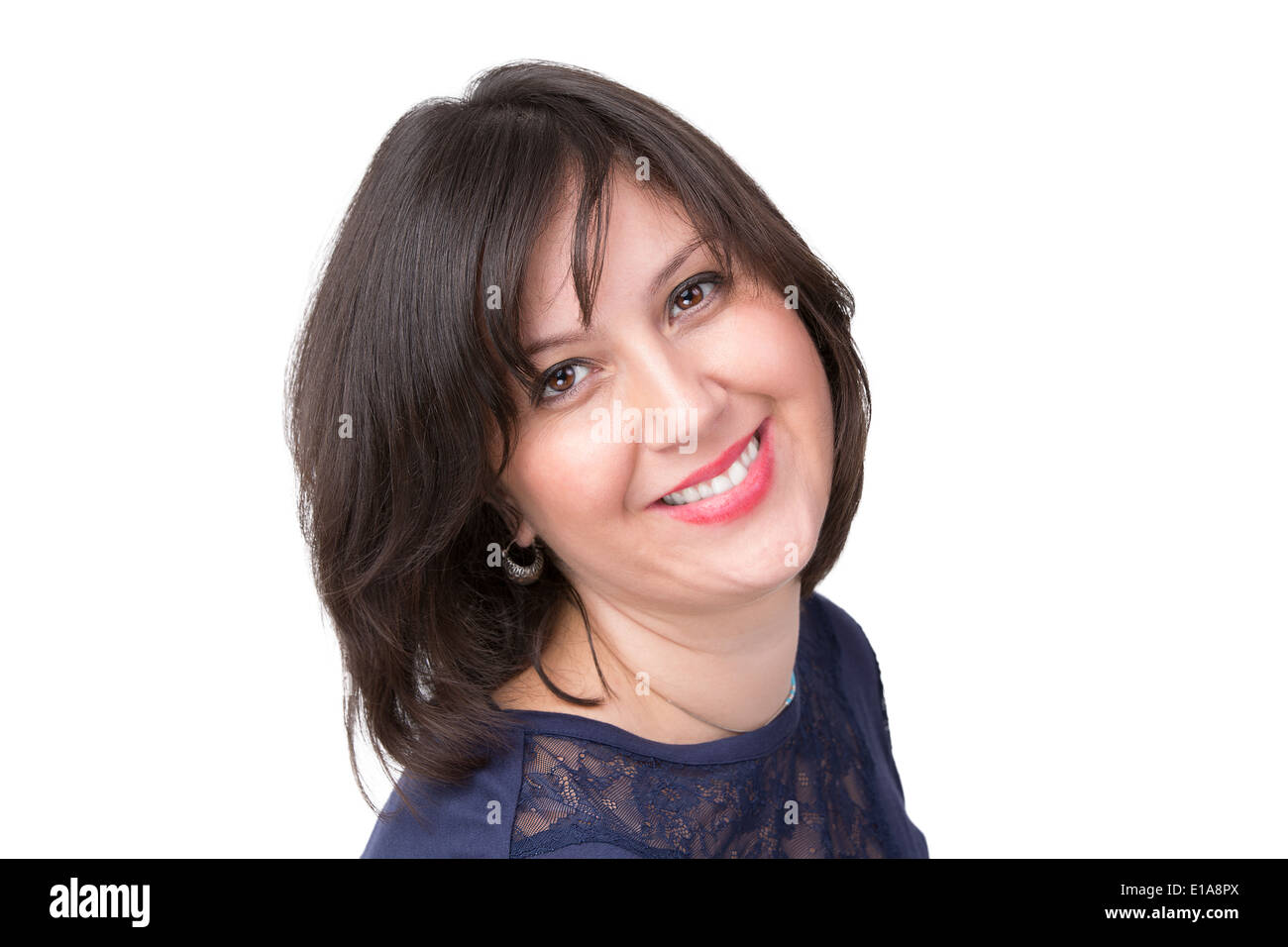 Realmente, incantato sorridente capelli scuri business donna cercando in per i vostri occhi Foto Stock