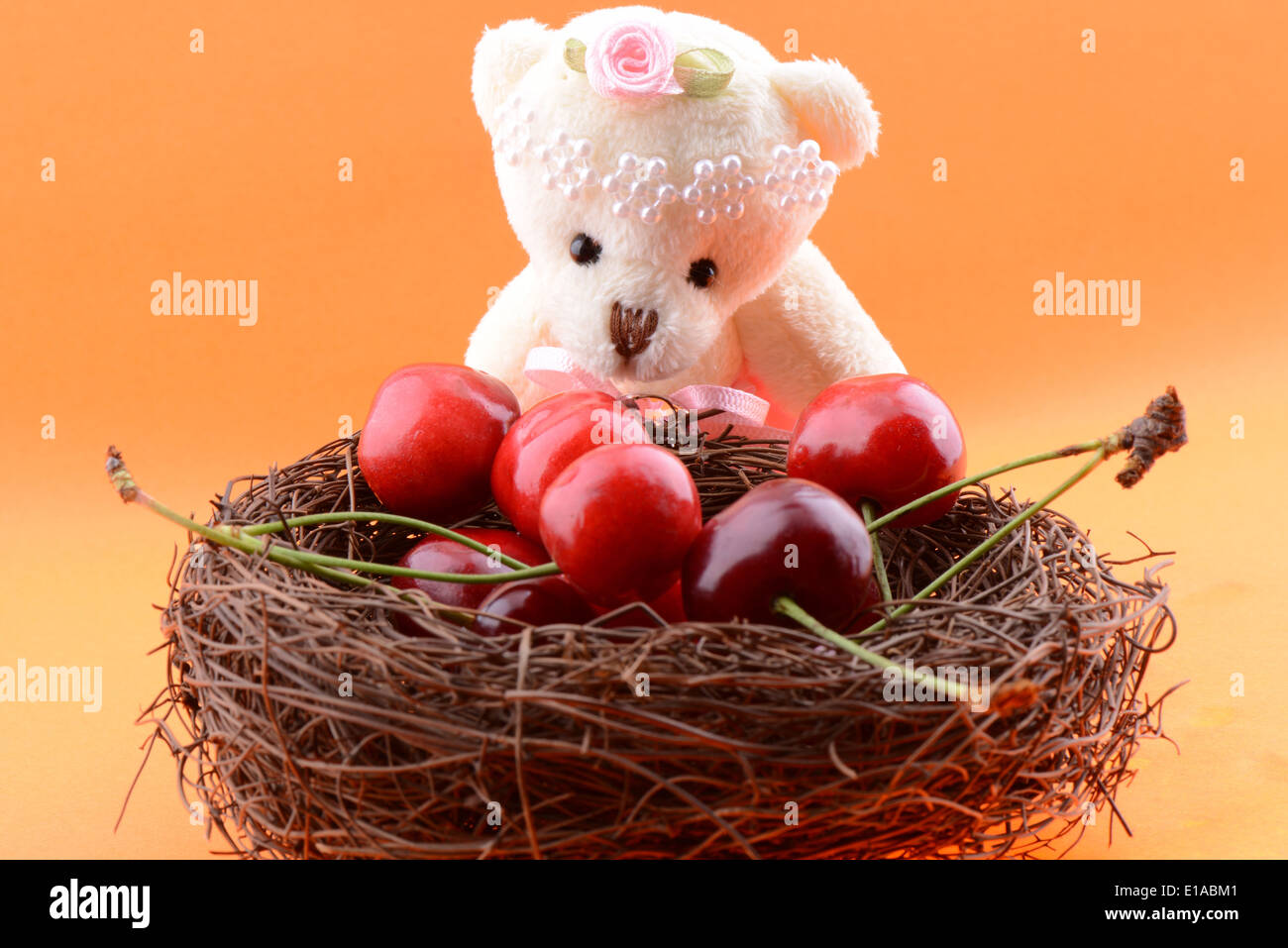 Toy orsacchiotto la raccolta di ciliegie dolci isolata su uno sfondo arancione Foto Stock