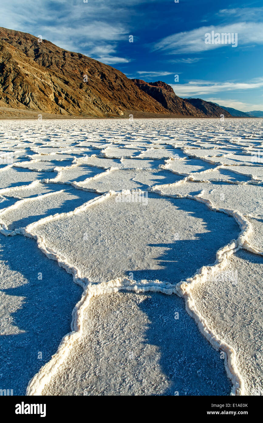 Forma poligonale saline e Gamma Nero, Bacino Badwater, Parco Nazionale della Valle della Morte, California USA Foto Stock