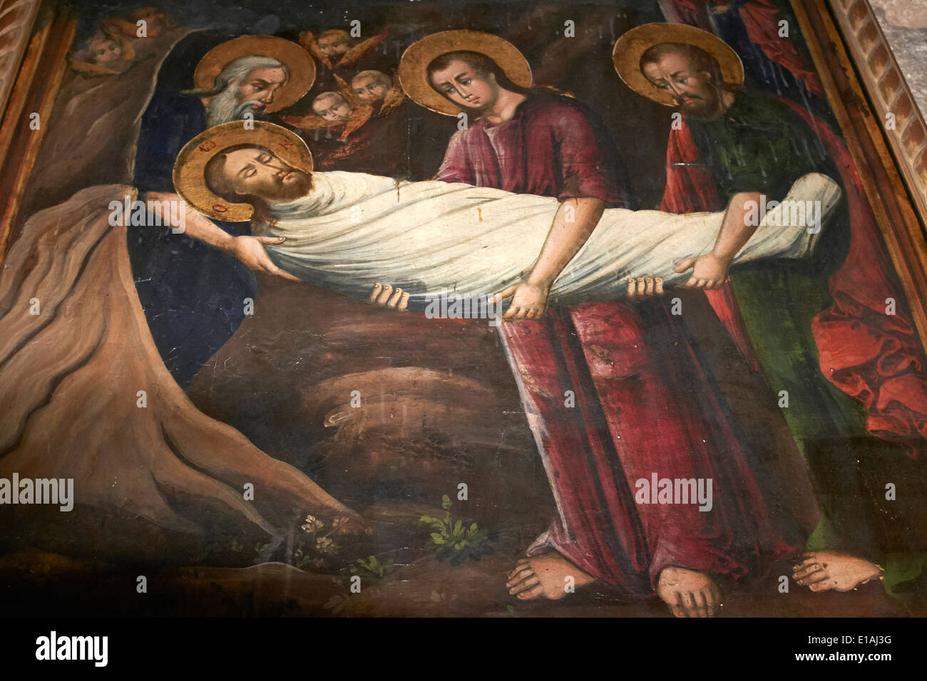 Icona greca di Cristo essendo deposto nel sepolcro datata 1859, la Chiesa del Santo Sepolcro di Gerusalemme, Israele Foto Stock