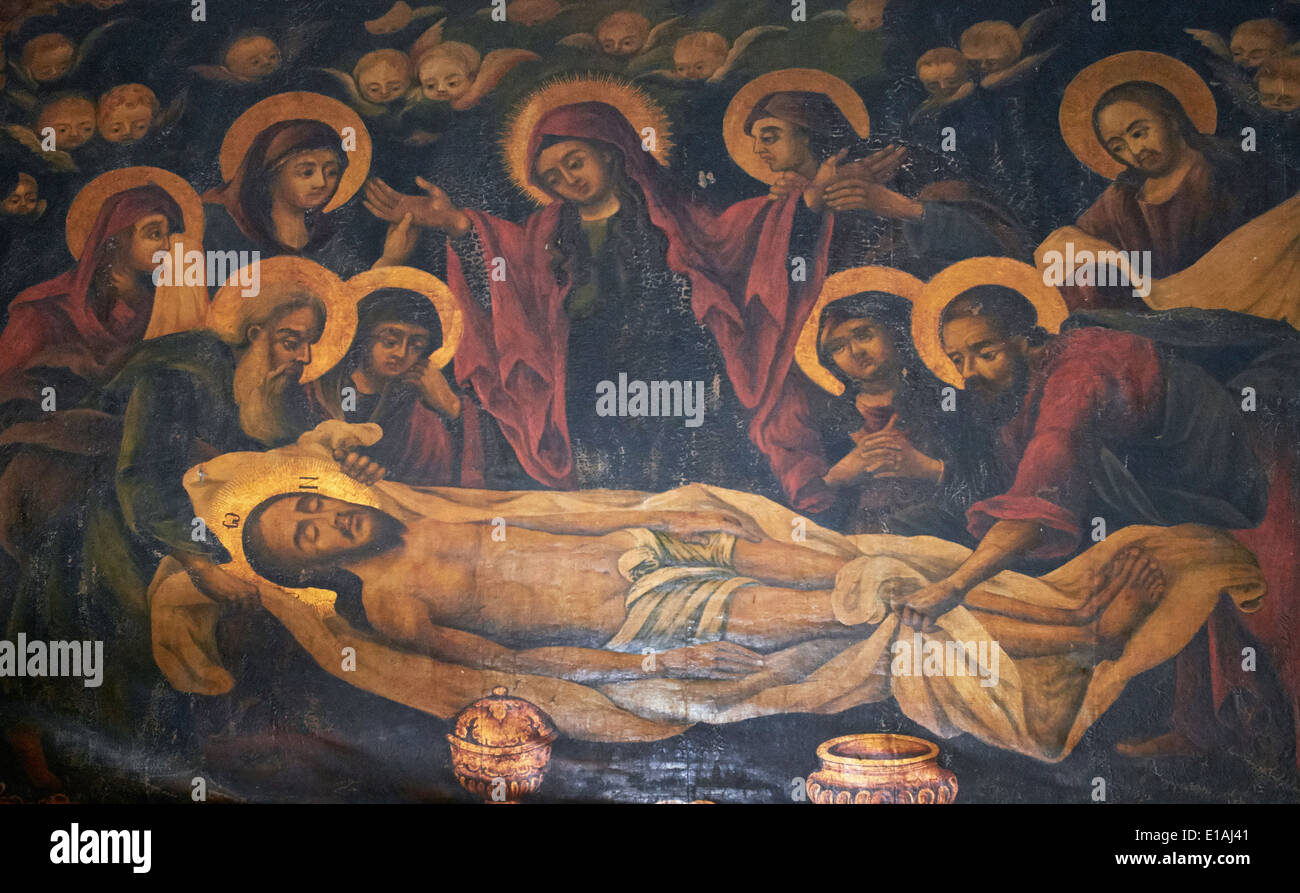 Gesù Cristo corpo essendo preparato per la sepoltura dopo la sua crocifissione Foto Stock