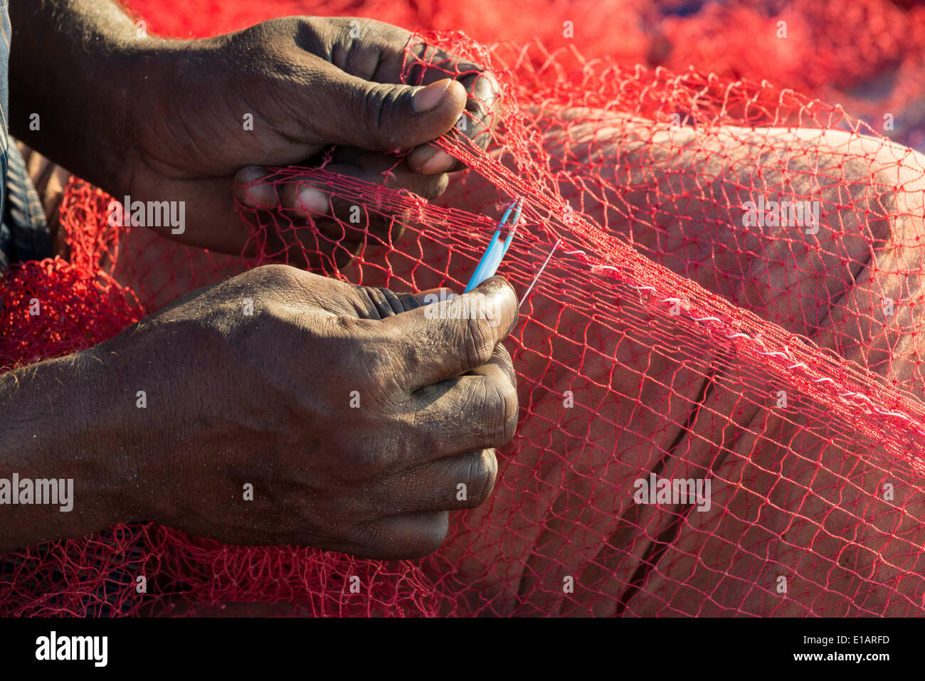 Le mani di un pescatore di riparazione di reti da pesca, Varkala Kerala, India Foto Stock