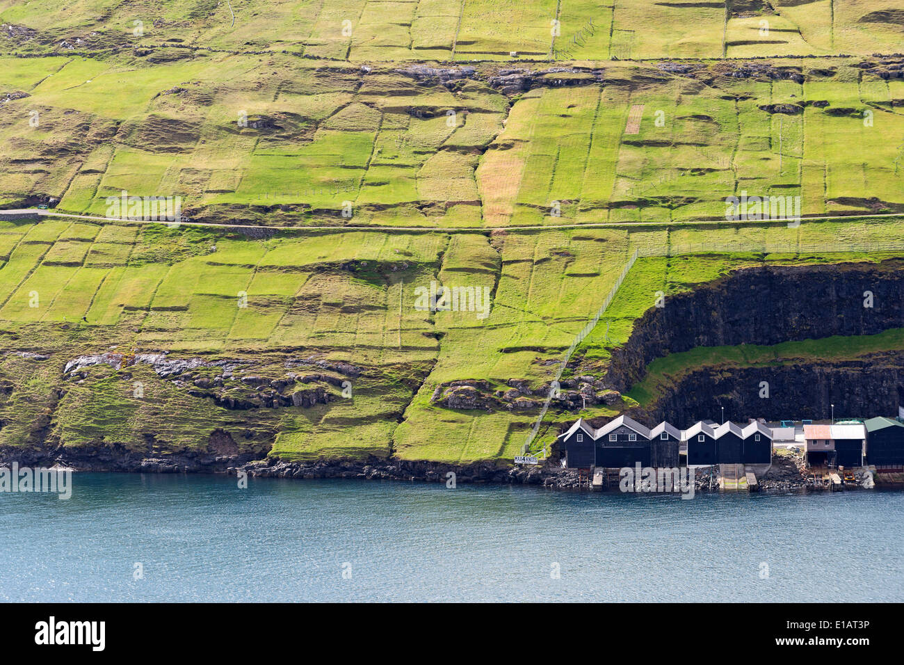 Boathouses e prati, Vestmanna, Streymoy, Isole Faerøer, Danimarca Foto Stock