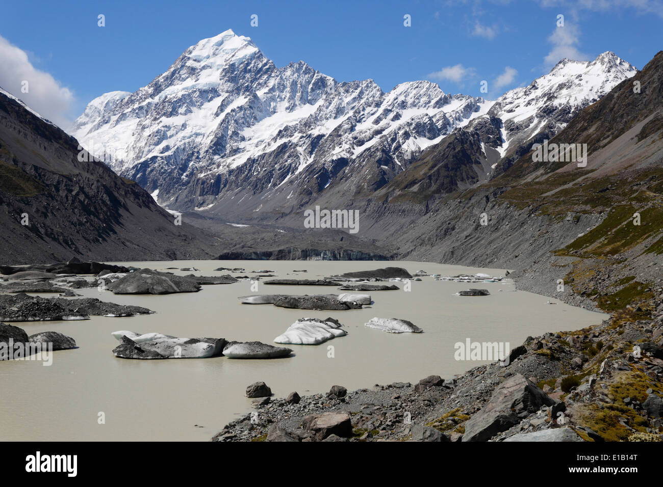 Hooker Lago e Monte Cook, parco nazionale di Mount Cook, regione di Canterbury, Isola del Sud, Nuova Zelanda e Sud Pacifico Foto Stock