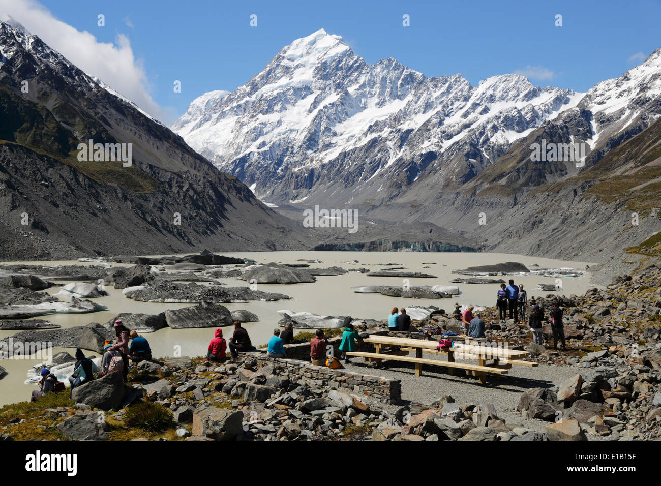Hooker Lago e Monte Cook, parco nazionale di Mount Cook, regione di Canterbury, Isola del Sud, Nuova Zelanda e Sud Pacifico Foto Stock