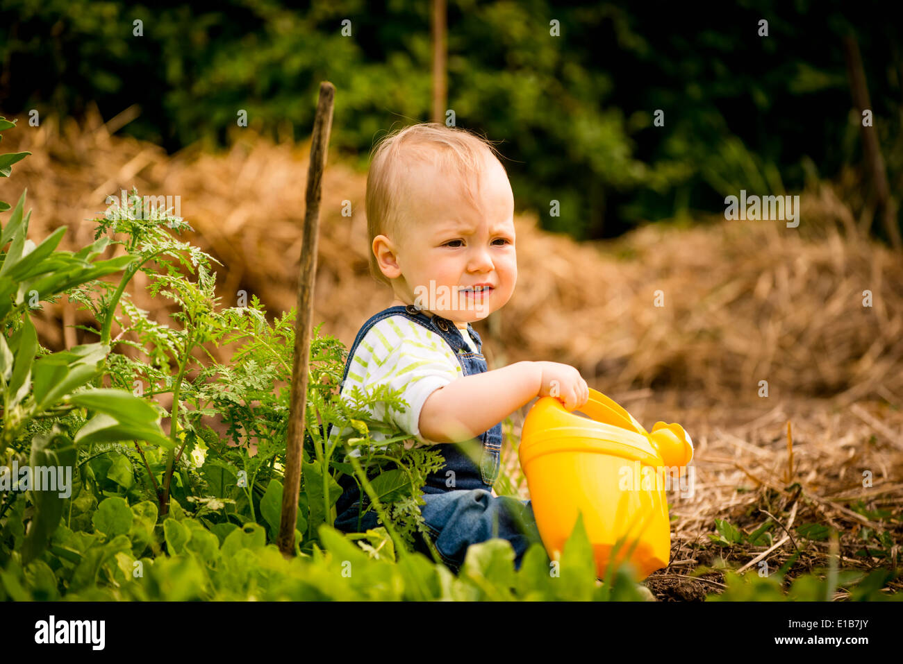 Little Baby girl rilassa con annaffiatoio in giardino nel cortile Foto Stock