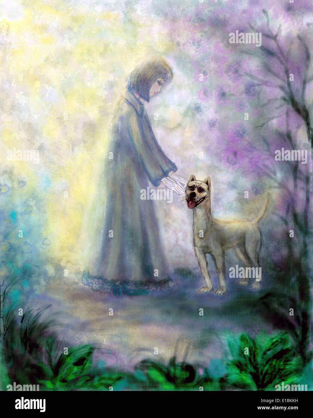 Cane e ragazza.2 La ragazza e il cane in un bel giardino in primavera. Illustrazione verticale. Foto Stock