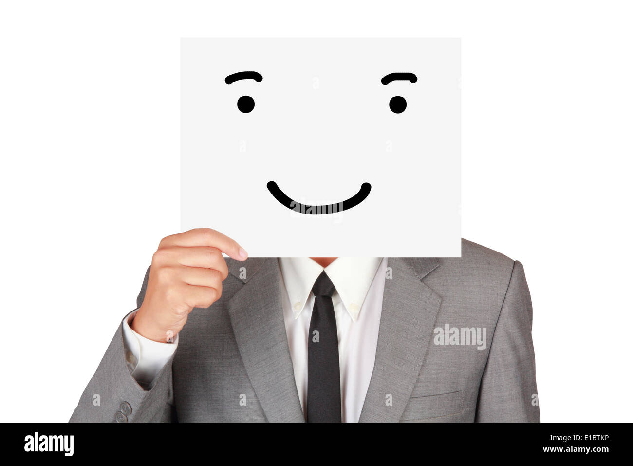 Concetto di business carta mostra emozione sorriso faccia nascondi abstract isolati su sfondo bianco Foto Stock
