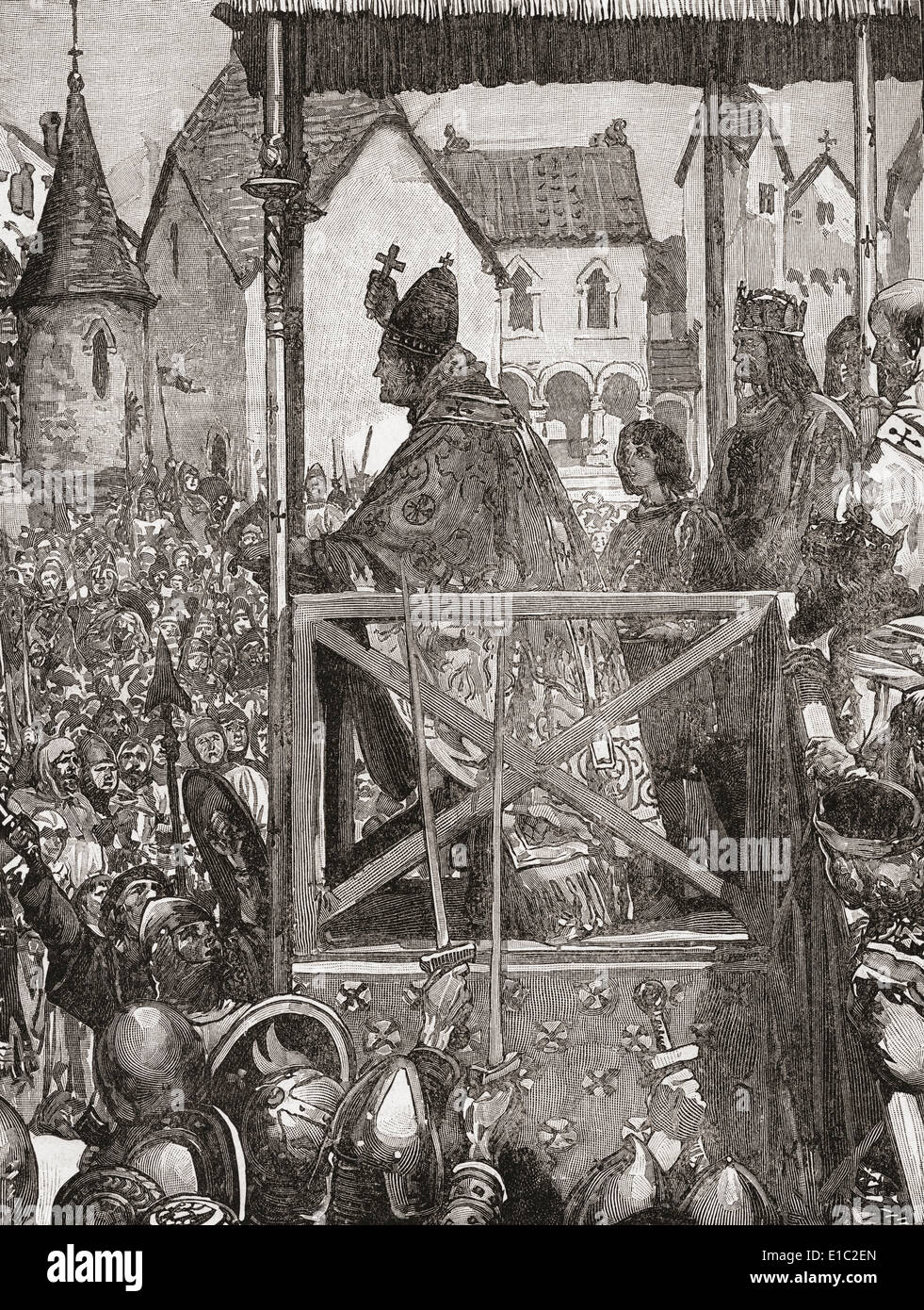 Papa Urbano II predica la prima crociata in luogo di mercato di Clermont, Francia nel XI secolo. Foto Stock