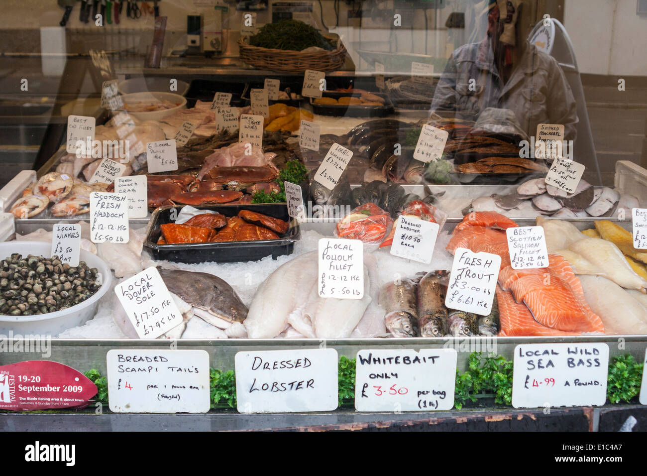 Pesce fresco locale pescivendolo negozio finestra display, Hastings, Sussex England, GB, Regno Unito Foto Stock