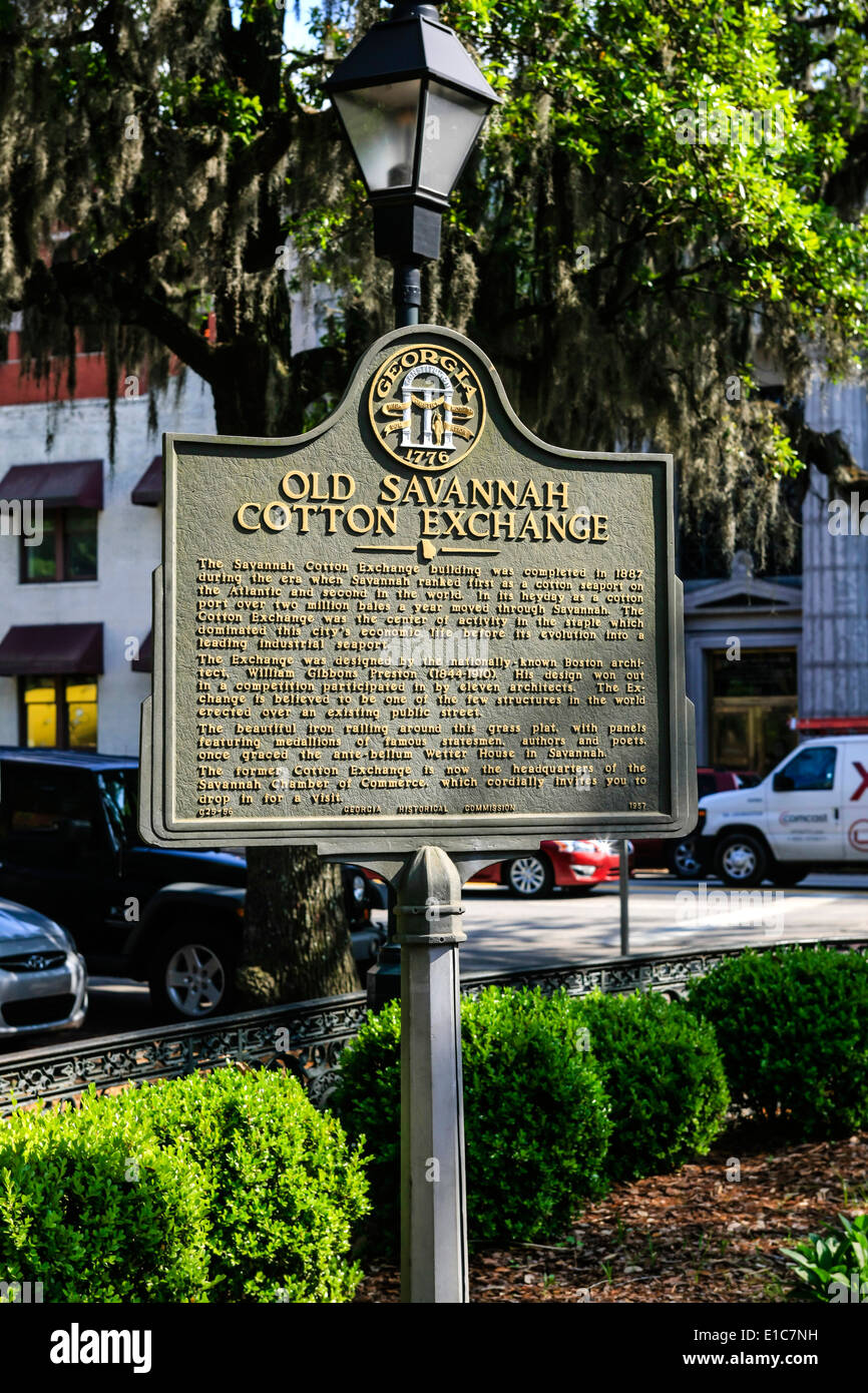 Lapide storica relativa ai vecchi Savannah edificio della Borsa del cotone Foto Stock