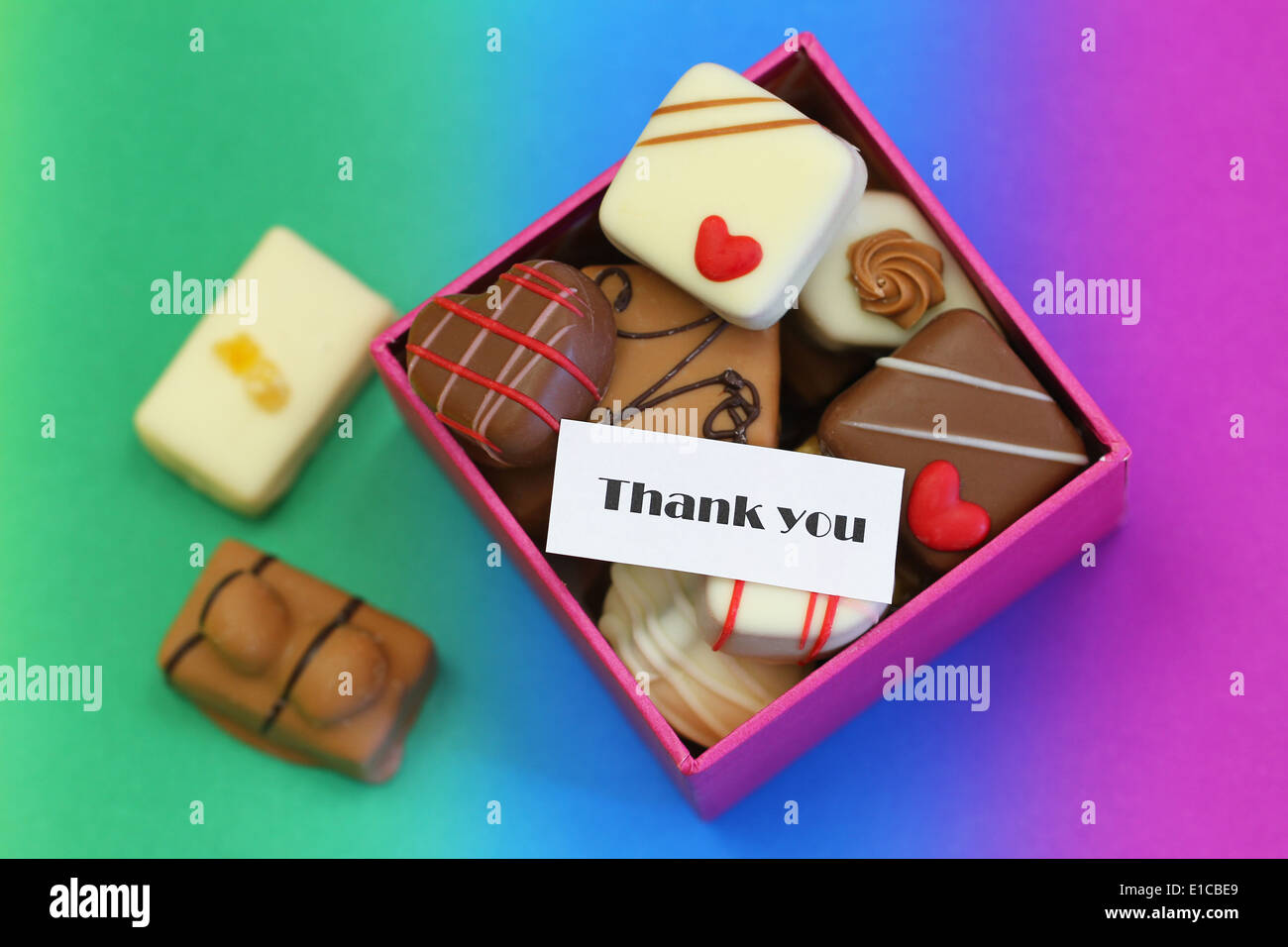 Biglietto di ringraziamento con scatola di cioccolatini assortiti Foto Stock