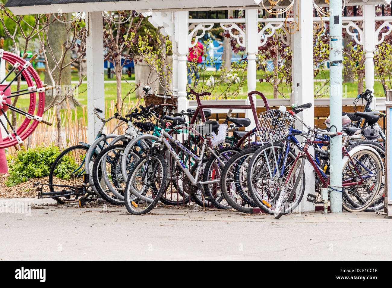 Una pletora di biciclette presso la banchina sul Ward's Island su Toronto Islands. Foto Stock