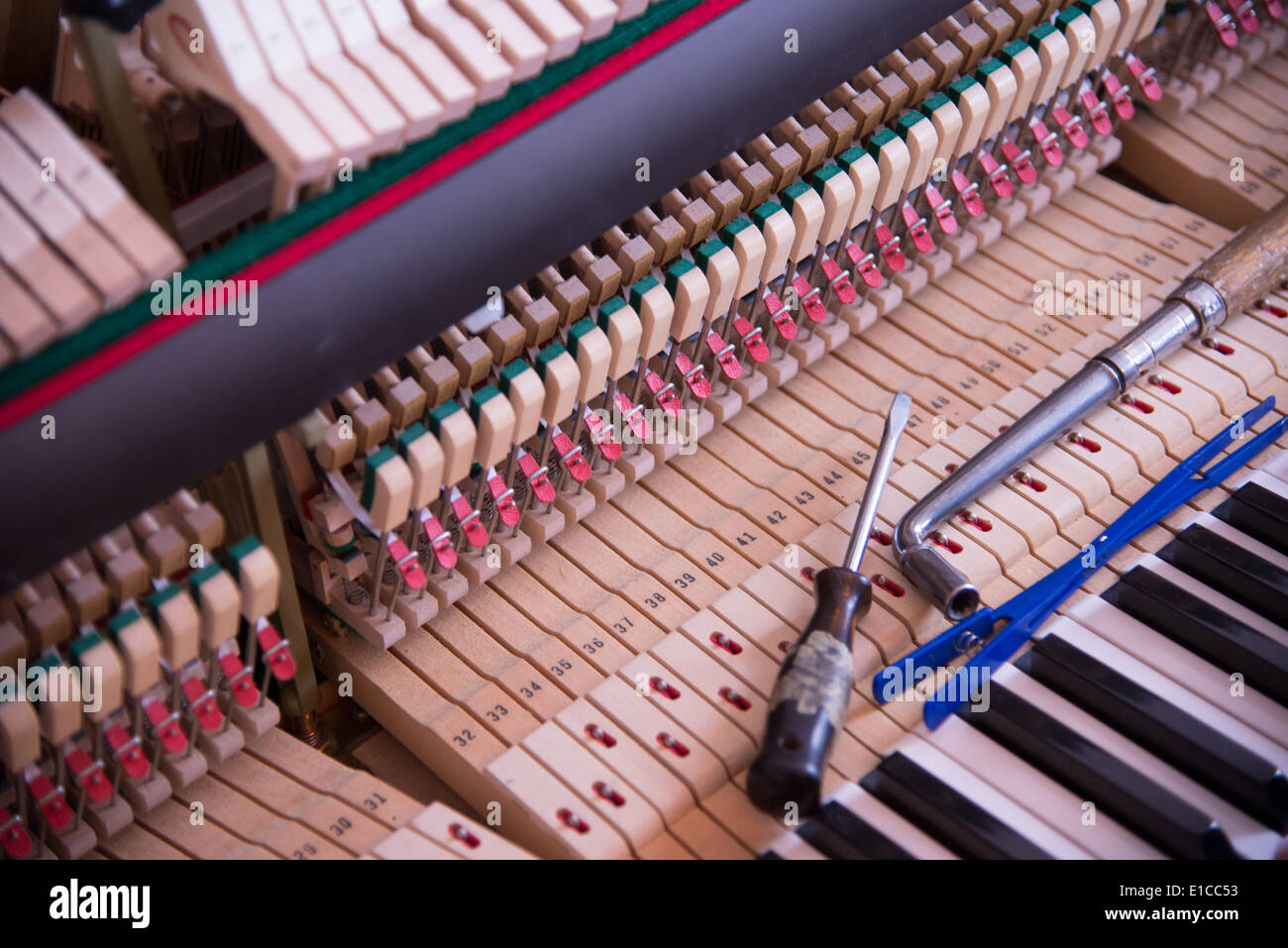 Tuner sul lavoro con cricchetto sul pianoforte Foto Stock