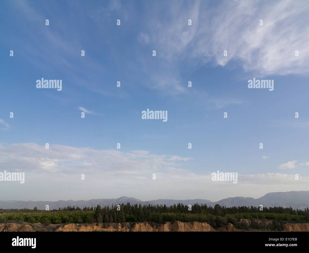 Tiro lungo con prevalenza di cielo con le montagne Atlas all'orizzonte e un viale alberato cliff banca in primo piano Foto Stock
