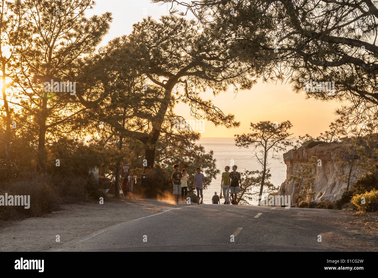 Scogliere e tramonto sull'Oceano Pacifico a Torrey Pines State Park, La Jolla California Foto Stock