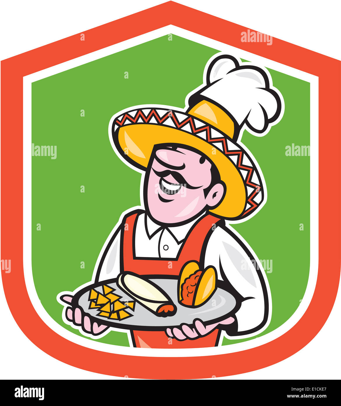 Illustrazione di un cartoon Mexican chef di cucina che indossa lo chef hat e sombrero piatto pieno di tacos burrito e corn chips insieme all'interno della protezione cresta su sfondo isolato. Foto Stock